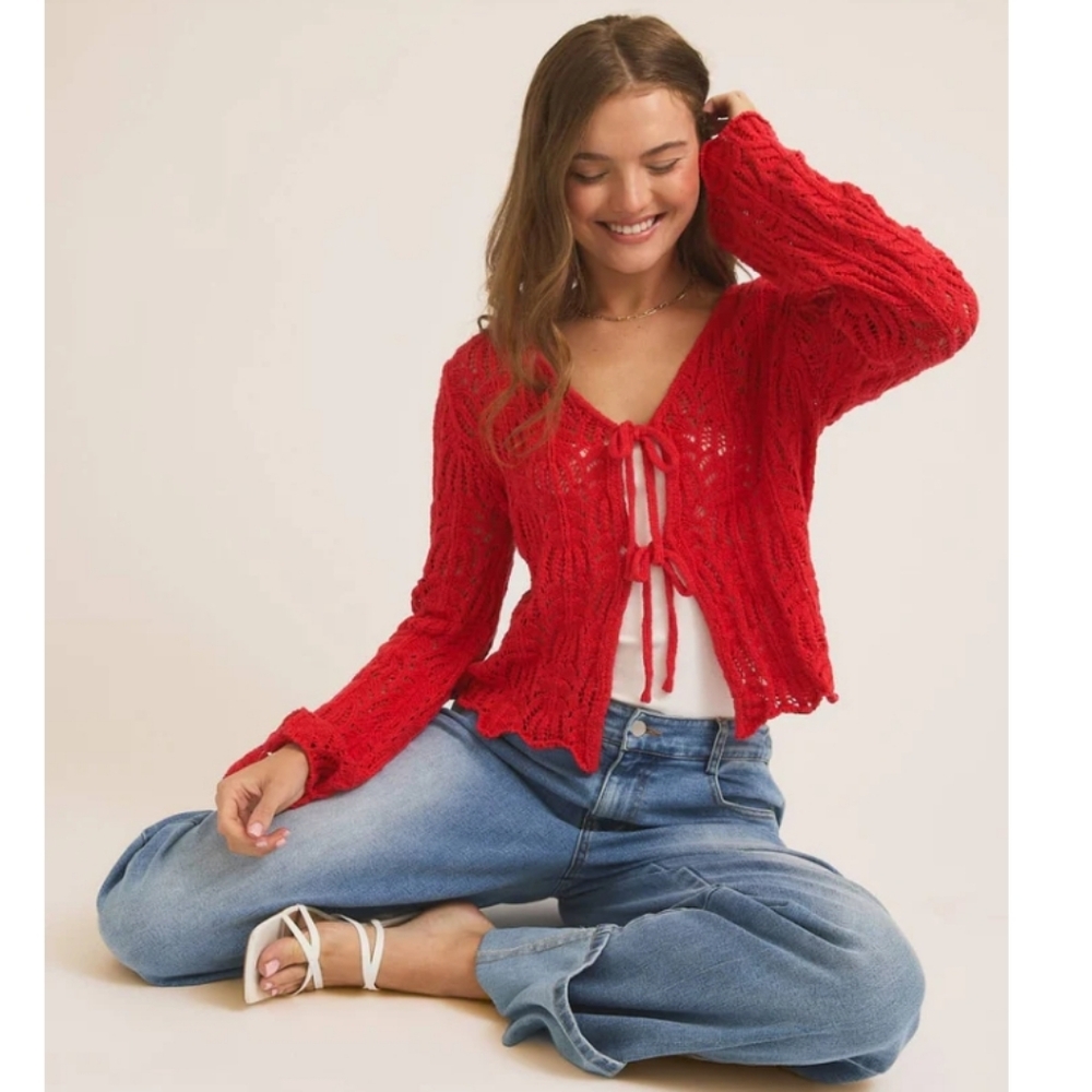 Red Crochet Front Tie Sweater Cardigan